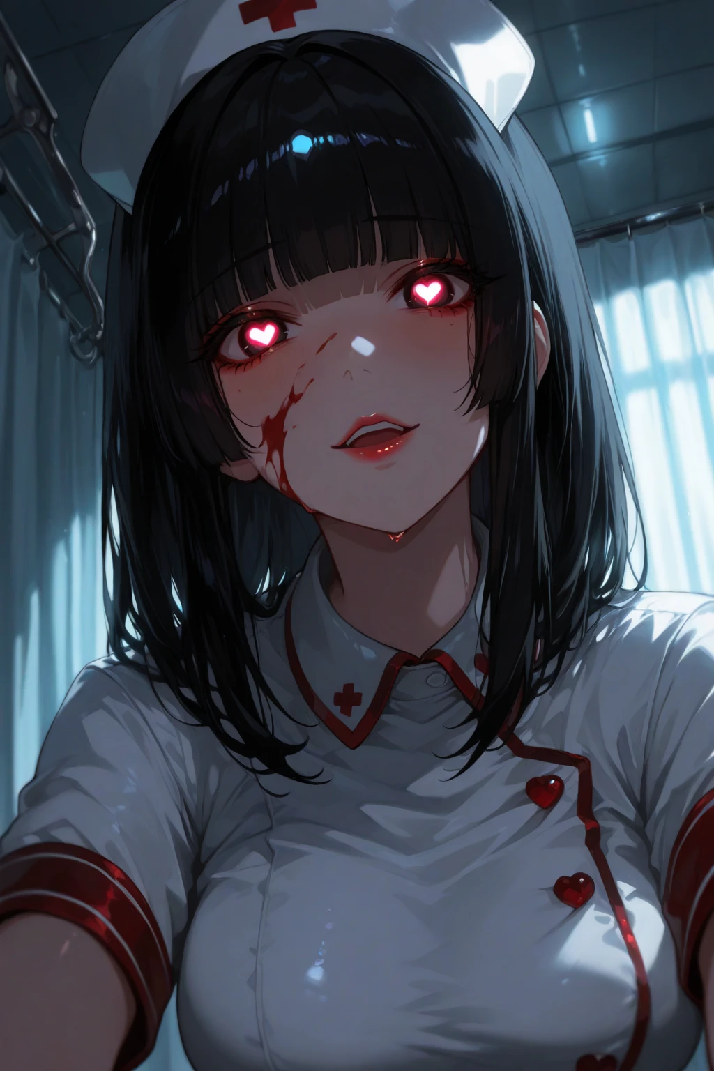 Oil-painting illustration of a pale Korean woman with a dichotomous face, sitting expressionless in a decaying experimentation complex, one side of her face is zombie-like featuring a rotten eye while the other side remains beautiful, dark black hair with ultra-straight full bangs cascading downwards, red glowing eyes radiating an eerie allure as she gazes at the viewer, clothed in a short outfit, surrounded by an atmosphere of decay with dark hues of purple, red, black