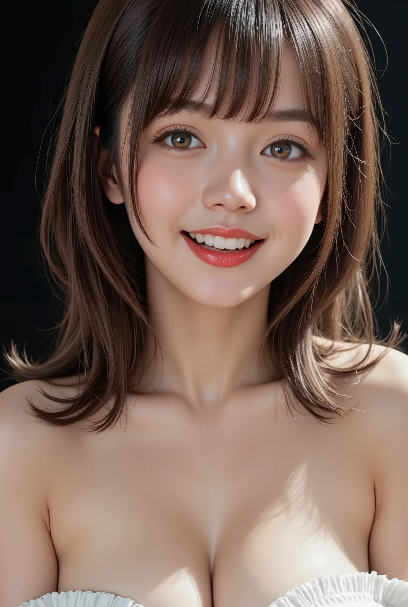 ((Day , Best Quality , 8K , Realistic)) , Perfect body beauty: 1 . 4 , Slender abs: 1 . 2 , ((Long wet layered brown hairstyle: 1 . 3 , : 1 . 2)) , (Bandeau dress , Standing: 1 . 2) ,  , window lighting : 1 . 1 , black background,  Highly detailed face and skin texture , detailed eyes , double eyelids ,  smile , (Face looking at the camera ,ultra realistic portrait photo, 