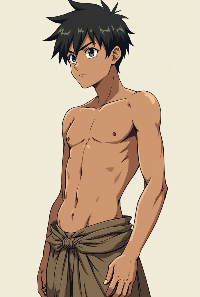 Ultra-detailed illustrations、Ultra-precise expression、masterpiece、Highest quality、ultra High resolution、High resolution、Hiromitsu Takeda Style、White background、Simple Background、stand、whole body、1 young man、hair over eyes、solo、Black Hair、White briefs、barefoot、((Ritsuka Fujimaru))、stand、