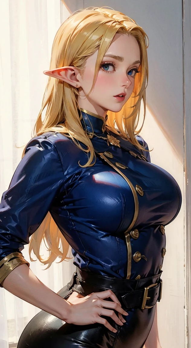 8k,masterpiece, bset quality,big, (1 girl), blue_eyes, blonde hair, long hair, professional lighting, (shiny skin: 1.2), shiny big, ((best quality)), sharp focus: 1.2, highly detailed face and skin texture, detailed eyes, perfect face, perfect body, blur art, cg, background, Big breasts, presence (20yo, mature cool and beautiful face), wearing ((blue skirt), white taut shirt, thigh), blush, (mittgal), random pose, top view, perfect eye, angry face
