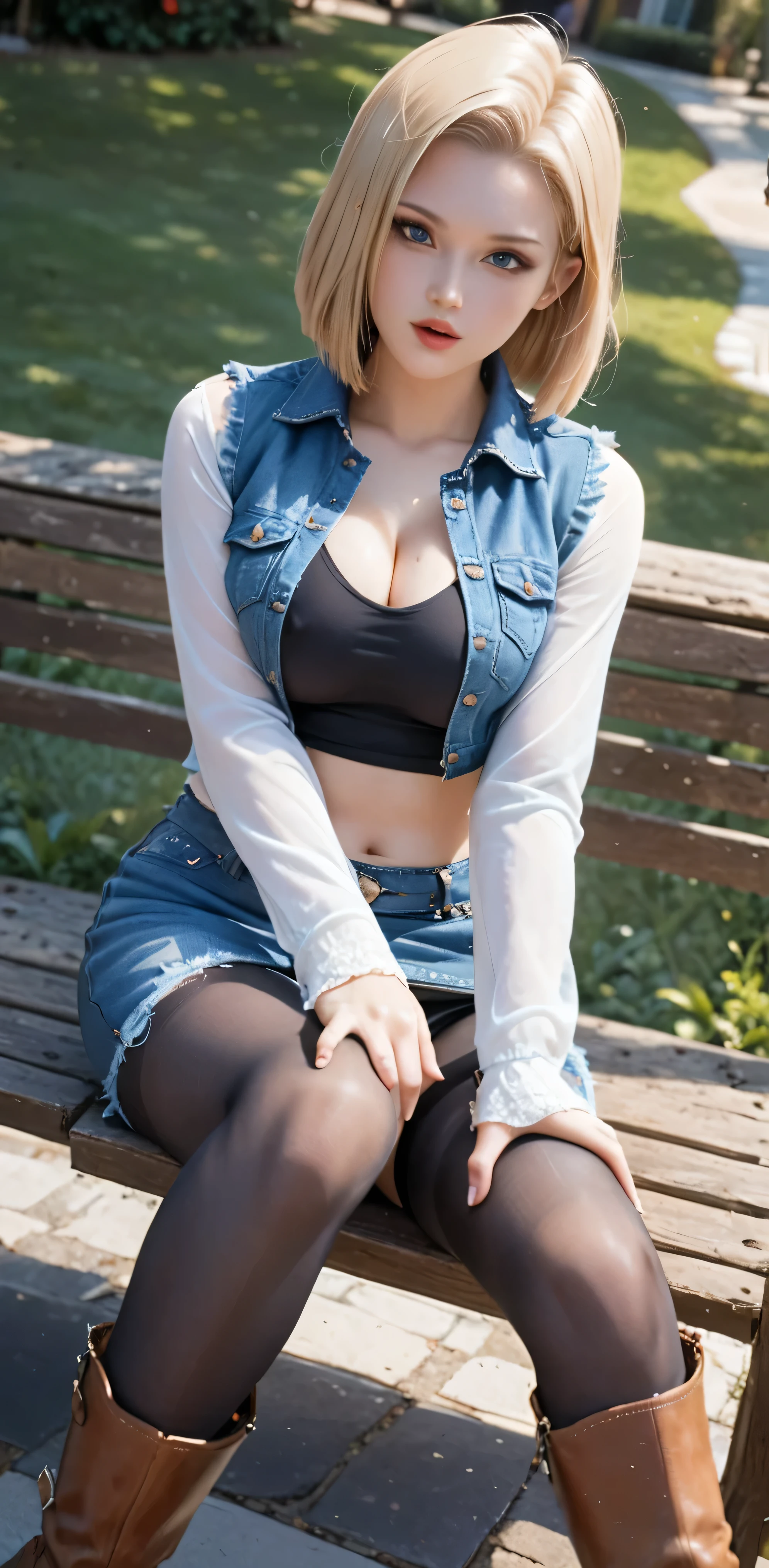 realistic, high resolution, girl, gray hair, big breasts, blue eyes, exposed big breasts transparent lace clothes, no lingerie, super shorts, park, grass, pale skin, sexy pose. Black stockings