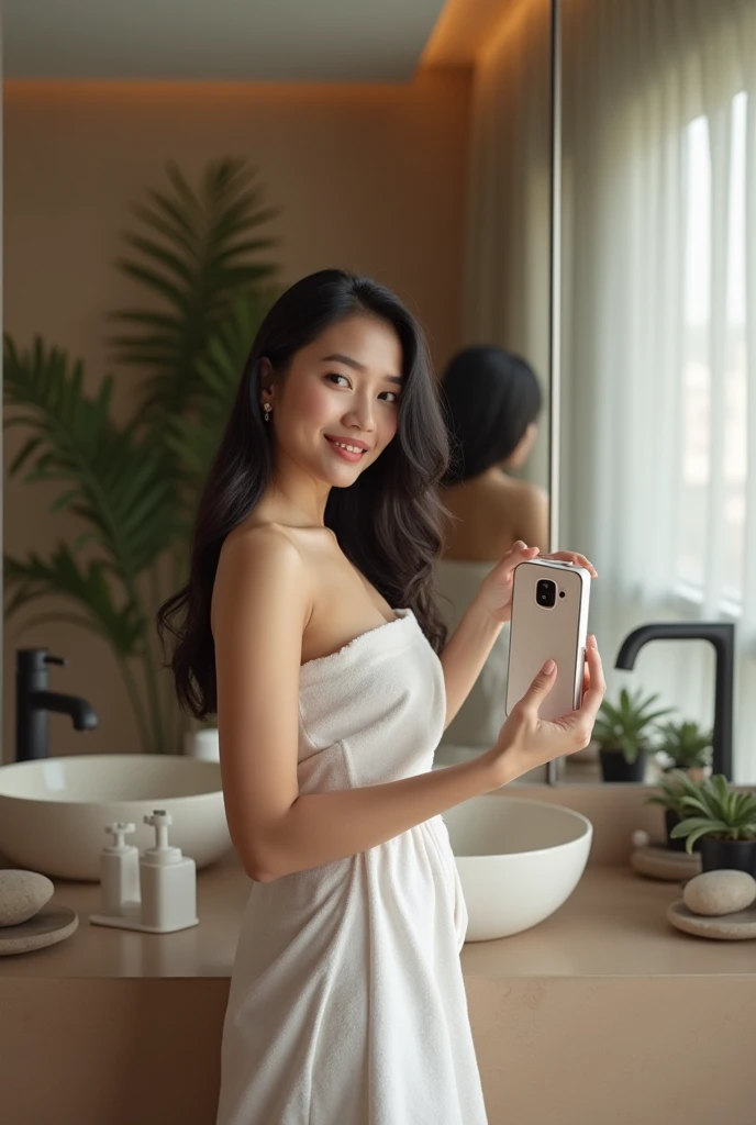 L'image d'une femme caucasienne qui a la trentaine, habillée dans une robe blanche plissée se tenant devant un miroir dans une salle de bain. She smiles and takes a selfie with her phone. There are two yellow lamps, one on each side of the mirror.