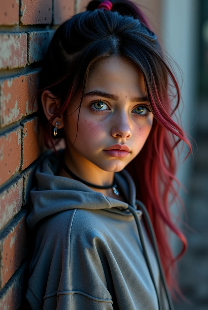 13 years old, hideous smile, creepy, olhar malicioso, gray eyes, abandoned city background with bluish tone with red, drawning, dressing, intense stare, straight hair with a braid above the shoulder.