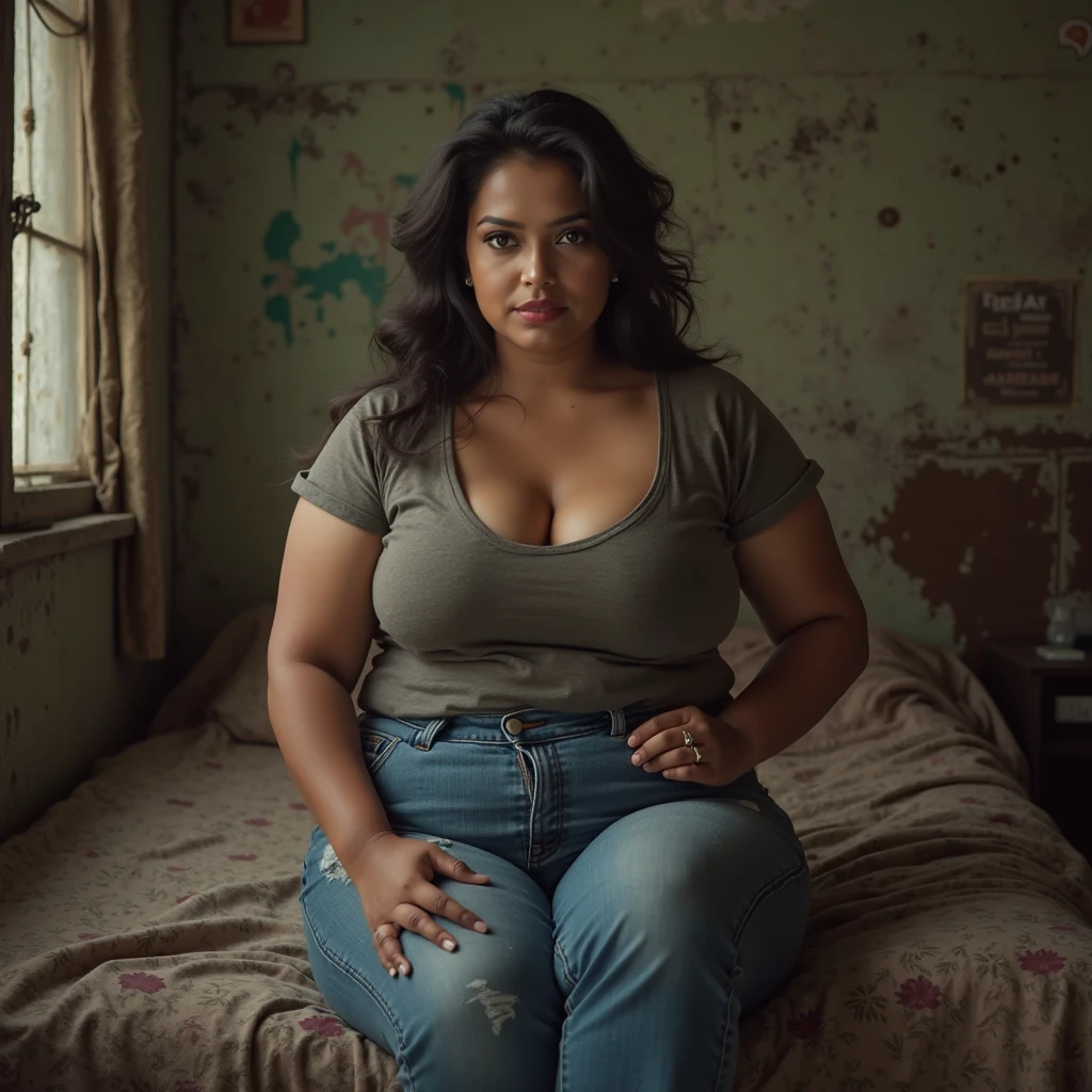 A bit chubby of malay woman, messy hair, huge breasted, sensual expression, wearing knee-lenght black nightgown. Selfie in the dim light bedroom of village house as background detail. look at the viewer, natural light, realistic photography, wide angle shot.