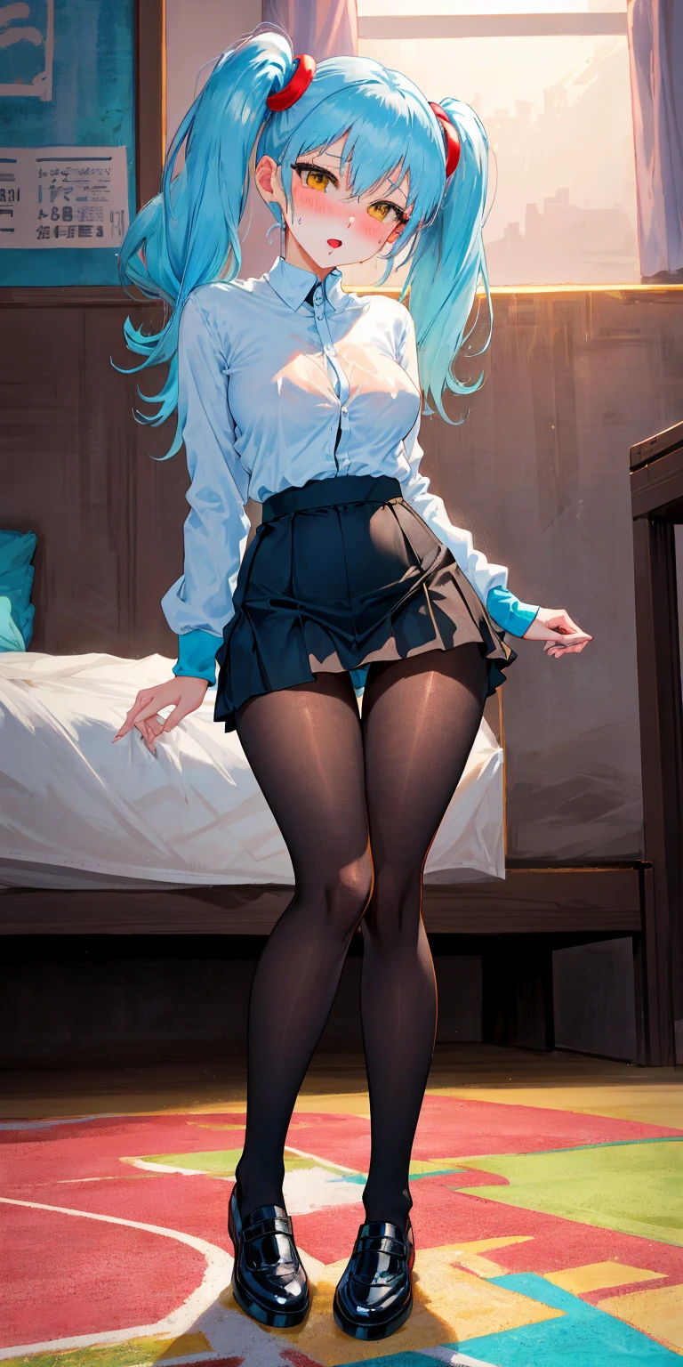 Masterpiece, Top Quality, High Definition, Hi-Res, One Girl, Solo, Angle from Below, Skirt, Shirt, Sheer Shirt, Unbuttoned, Unbuttoned, Fluffy, Cleavage,Protruding , Hard , Pleated Skirt, Socks, Black Skirt, Long Sleeves, Bangs, Black Socks, Dress Shirt, Troubled Look,Blushing, Sweaty, Drenched, Sheer See-through, Sheer Clothing, Skirt fluttering in the wind, Lift up skirt, ?????? line, Hip line, White underwear, Panty shot, Beautiful leg line, Water droplets running down your legs, Drenched lower body, Wet waist area, Excessive ?????? droplets, Body parts three-dimensionality, Exposed undergarment, Realistic skin texture, Focused on feet, Kneeling, Kneeling spread, Bright room, Finger shift panty position, Lighting from below, bitten panties
