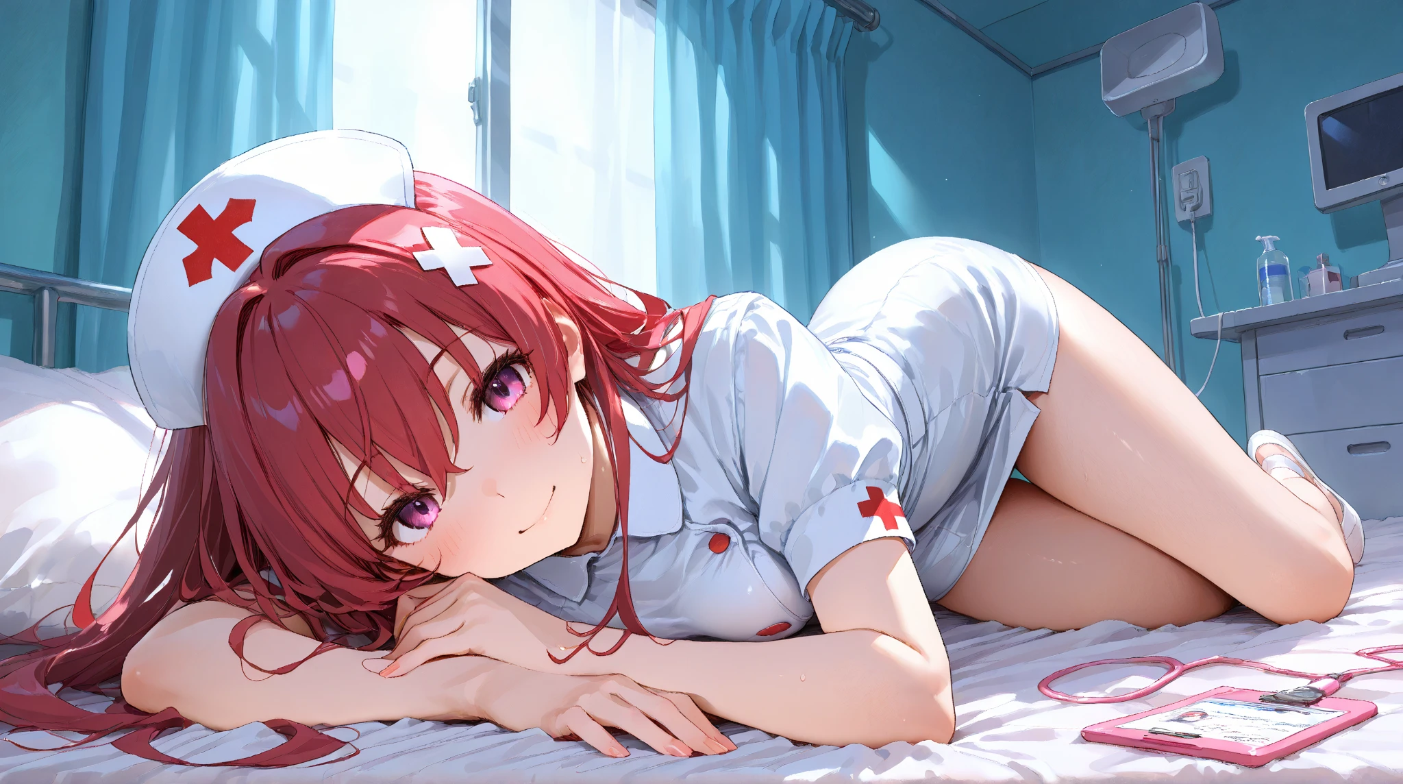 (best quality,4k,8k,highres,masterpiece:1.2),ultra-detailed,(realistic,photorealistic,photo-realistic:1.37),vivid colors,bokeh, 1 mature woman, beautiful detailed eyes, beautiful detailed lips, Alone, wearing white nurse dress, detailed outfit, baggy dress, buttons on dress, white nurses cap, mask on mouth, bra underneath dress, no cleavage, covered chest, shoulders covered, perfect anatomy, large red eyes, short red hair, rendered eyes, detailed eyes, alluring, nice hands, perfect eyes, detailed eyes, detailed short red hair, attractive woman , alluring, on hospital bed, lying pose, simple pose, ass on the backside of painting, chest pressed against bed, looking down on viewer, lusty expression, confident, little smile, treating viewer, hospital background, machines from hospital, hospital curtain in left side of background, simple background, dark atmosphere, professional lighting, vivid colors, shot straight,