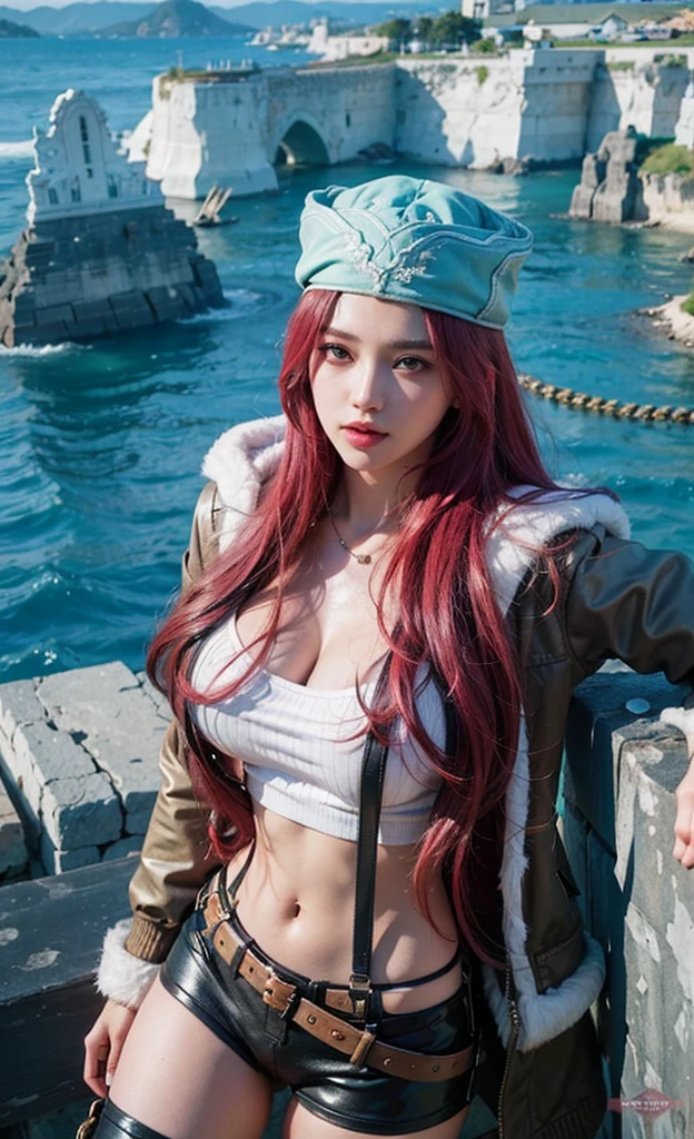 (realisitic,Photorealsitic:1.4),(1 Beauty:1.3),(beautiful countenance:1.5),Detailed shiny skin,A detailed eye,Precise hands and fingers,8K HDR, , masterpiece, (Dynamic angle footage),电影灯光, Finely drawn backgrounds,(Southland,the beach,Fashionable swimwear,splash water,Drenched girl),No hair ornament,jetty,Chinese model,tailcoat,red hairs,choker necklace,moscow,Light Room,Lifting a load,Attractive strain,