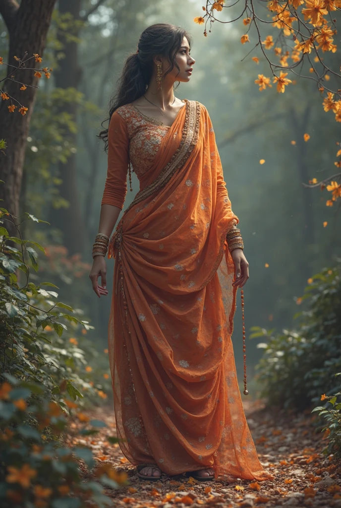 (photorealism:1.2), Sita Maya wearing orange saree (the cloth covering her head from backside) facing front entirely but showing her light Brownish pinkish foot soles (barefoot) peeping out from the saree in a forest showing her barefoot full body
