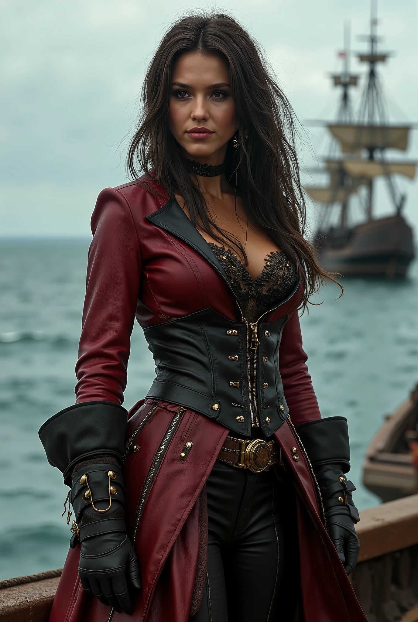 black widow full body pirate costume, standing on the boat