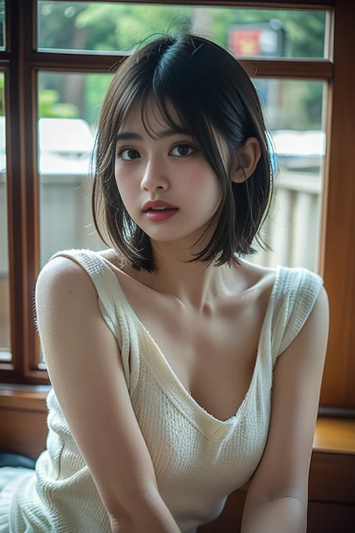Japan girl, sunny, forest, cheongsam, so short hair, close-up, one girl, lots of freckles, ((very beautiful portrait)), (sparkling skin))), RAW photography, (masterpiece, top quality, hyper detail, cinema lighting, intricate detail, high resolution, 8K, very detailed), detailed background, 8K UHD, DSLR, Soft lighting, high quality, film grain, Fujifilm XT3, shallow depth of field, natural light,