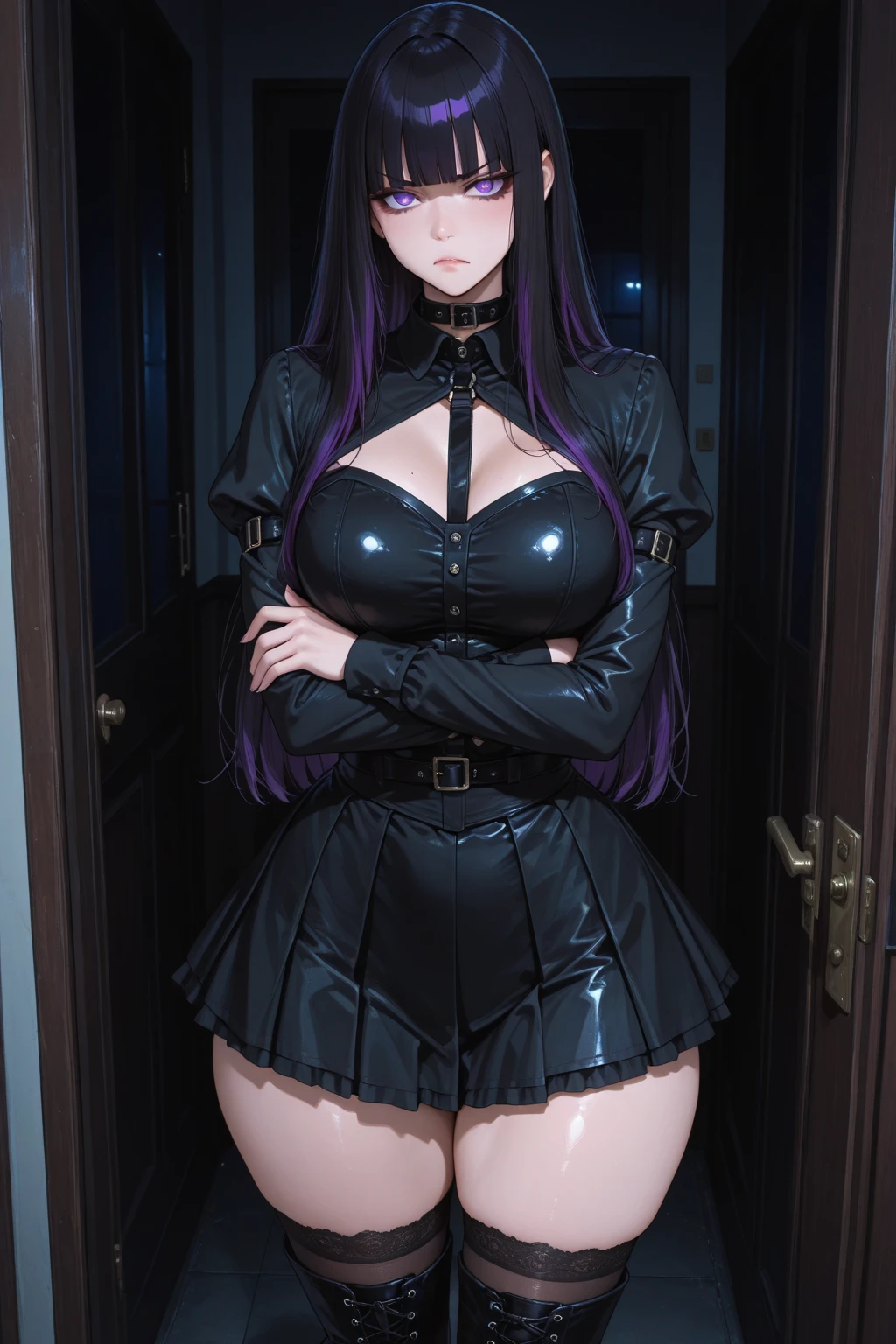 (highest quality, masterpiece),sexy, erotic, 1 girl, 18-year-old, despise, Pride, purple long hair, ((purple eyes)), looking at the viewer, medieval tabernacle, (close), ((dark room)), Sweat, the candle is lit, ((cleavage)), Mr.々Inside a torture chamber with various tools、
BDSM、black latex corset dress、The corset is decorated with beautiful embroidery.、corset dress with shoulder straps、black latex tight miniskirt、first round、Black Thigh Boots、high heel boots、