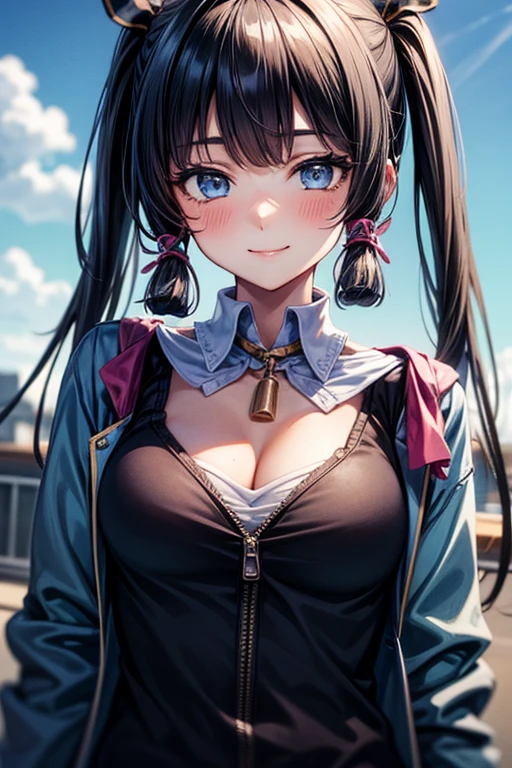 (((Highly detailed CG Unity 8K wallpaper))),(((masterpiece))), (((highest quality))), (((Super detailed))), (((best illustrations))),(((ultra high resolution)))、(best shadow), (perfect background)、(1 Japanese woman)、cowboy shot、(((smile)))、(perfect face)、(perfect breasts)、(perfect body)、(((huge huge breasts)))、(((long hair)))、(((black hair)))、(((white shirt)))、(((twin tails)))、(((peace sign)))