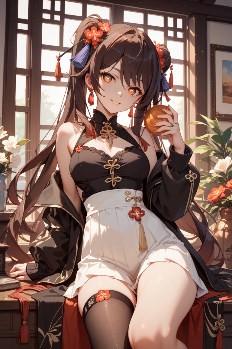 ((tmasterpiece:1.4,Best quality))++,(hyper-detailing)+,(Best quality,hyper-detailing,vibrant with colors,rich colourful,dynamic angle,hight contrast:1.2),girl,flatchest,Lori huge breasts cleavage,short,Height about 135cm,Double low ponytail,Black hair,gold eyes,cute big breasts,a skirt,cropped shoulders,There are lily of the valley elements on the clothes,Chinese style elements,Smiling,She holds a lily of the valley flower in her hand,There is a golden halo outside the lily of the valley flower,Black shoes,Draw the whole body in the picture