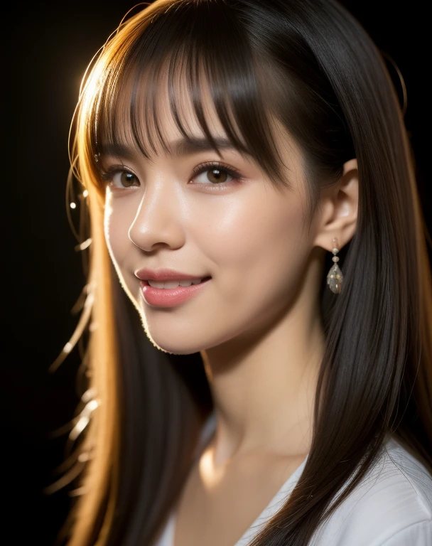 masterpiece, Highest quality, Very detailed, 複雑に詳細なSuper detailed, Realistic, Sharp features, Very detailed, Sharp focus, 17 years old, Perfect Face, Perfect Face, Perfect symmetrical perfect eyes, Perfect Plump Lips, Flexible female form, Cinematic, Film Light, Super detailed, hyper Realistic, High resolution, Vibrant, Dynamic Studio Lighting, ((Dark Background)), (Captivating smile), Medium Hair, Straight bangs, Brown eyes, White blouse, Cowboy Shot,