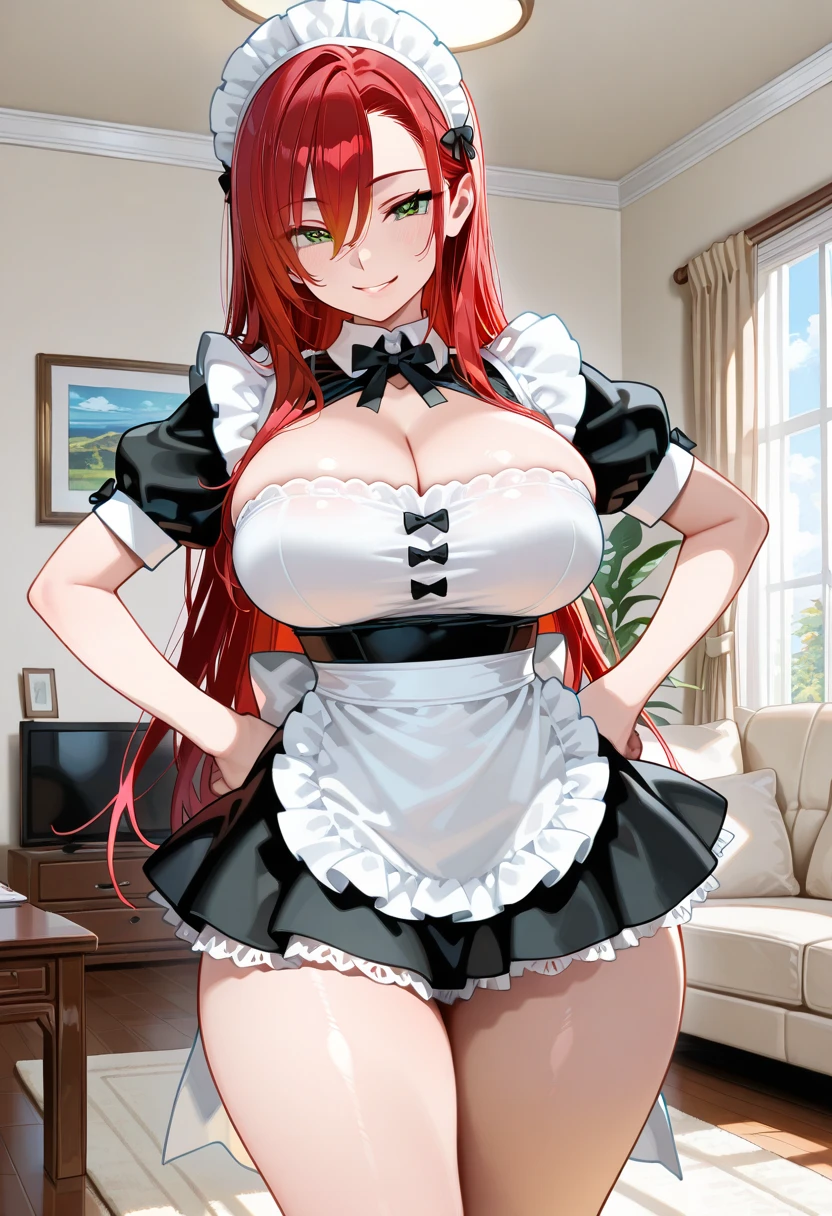 full body, 1 Woman maid in black suit with white stockings with barrettes on skirt, Gigantic Breasts, (long red hair, movement in the wind) and (green eyes), lips with red lipstick, light makeup, looking at viewer, fine body defined and uniform, she is facing the entrance door of the bathroom the shower is open with smoke from the hot water coming out of the door, her body is completely sweaty due to the heat, Unreal Engine 5, maid headdress, Anime, masterpiece, 16k, award winning, best quality, high details, textured skin, UHD, masterpiece, anatomically correct