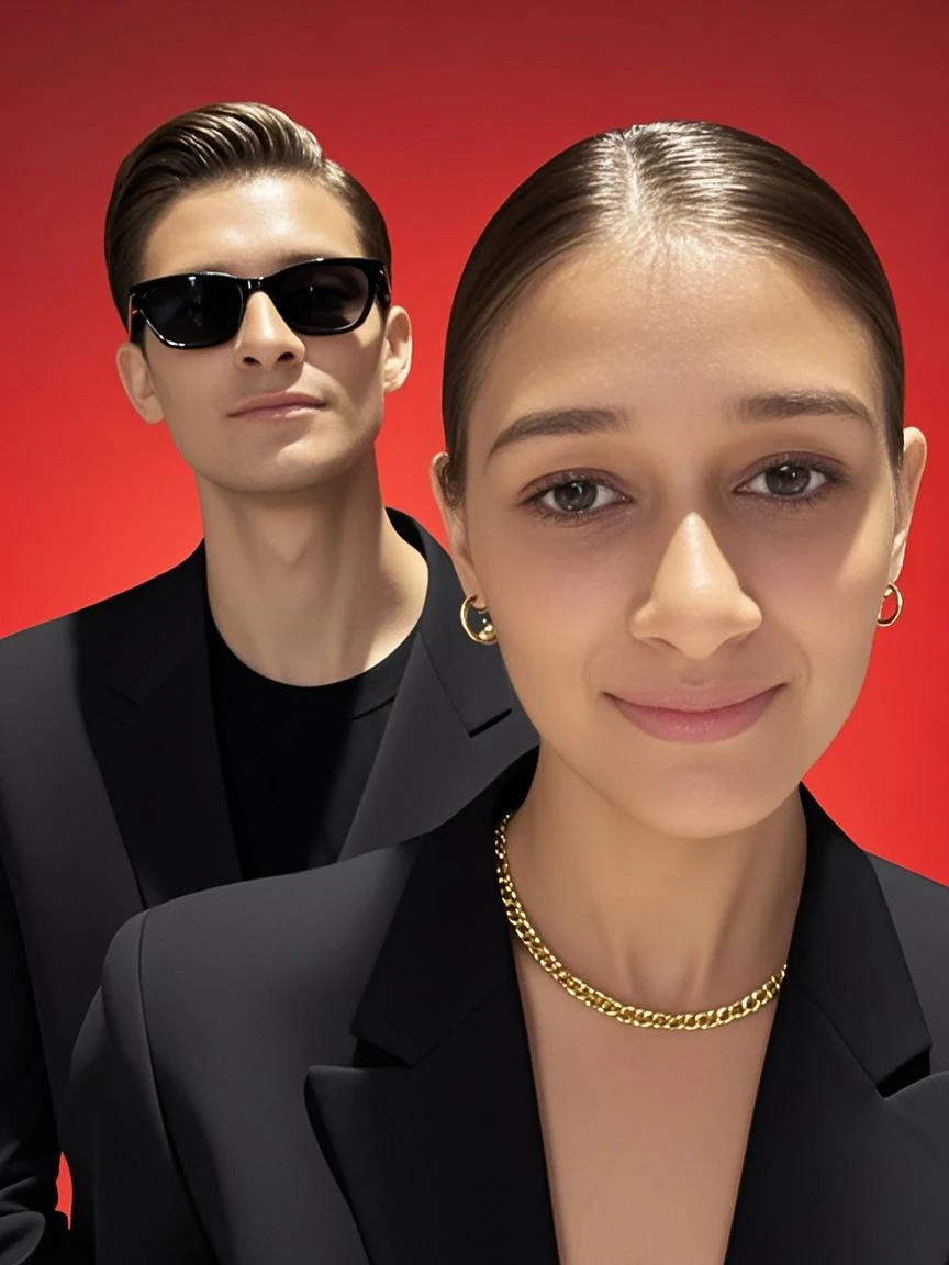 realistic,portrait of dark-skined American 1man and pale-skinned French 1woman,half body,both looking at viewer,pale French girl in open v chest clothes and black american boy in collared shirt,jewelry,flower,necklace,breasts,sexy,refined editorial photograph,real photo,8k,sharp high-quality photo,