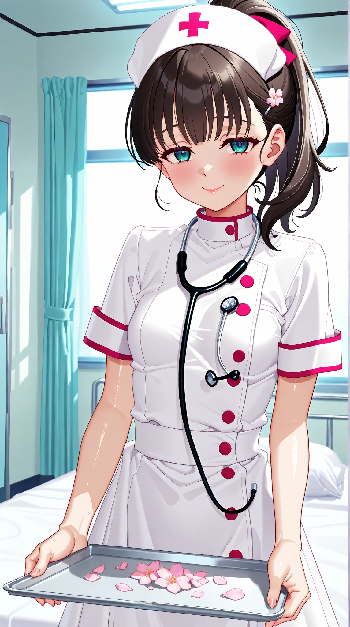 1girl, solo, nurse, nurse cap, white wear, ((white legwear, zettai ryouiki)), white gloves, pink hair, drooping eyes, ((covered nose)), standing, ((hospital room)), sharp outline, short sleeves, best quality, masterpiece,Fleshy,Brown eyes,Fleshy,Black hair,happy,lol,Heart,belt