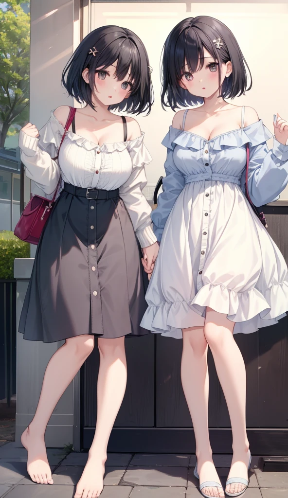 A girl、positive、Standing、Full body portrait、Black Hair、Medium Hair、blush、Absolute area、No underwear、((NUDE:1.5))、not good、barefoot、Light blue dress、Off-shoulder dress、（Large breasts）、cleveage、((Lesbians around the world))、masterpiece、（best quality） 、Shirt buttons falling off、Unbutton your shirt、Exposing breasts、In the city、date、shopping street、White sandals、A man stands behind