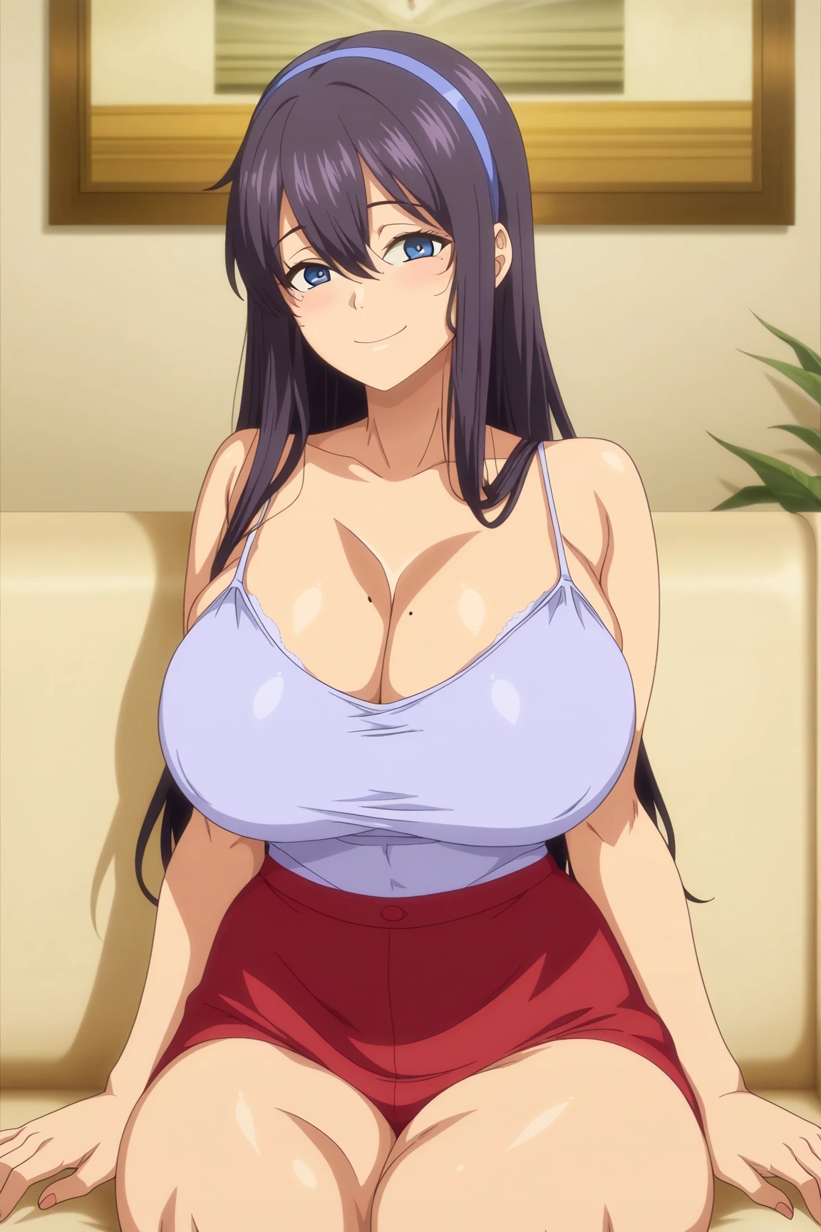 女の子1人,von vorne,mid large breasts,arms behind back,stehend im Wohnzimmer,Perfect Body,sweet smile,sehr weiter ausschnitt,clenched breasts