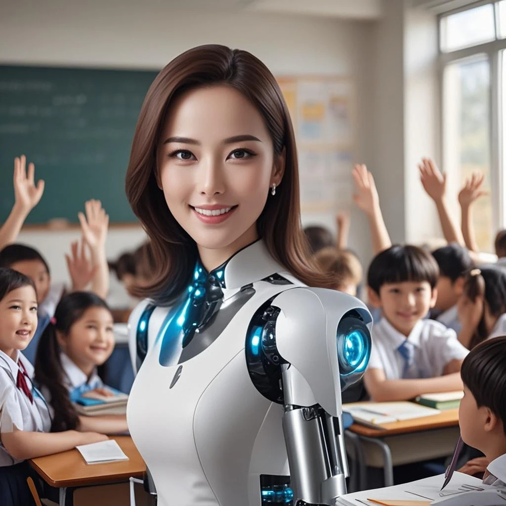 Asian girl put on a robot costume and she is in the classroom near the interactive board teaching children