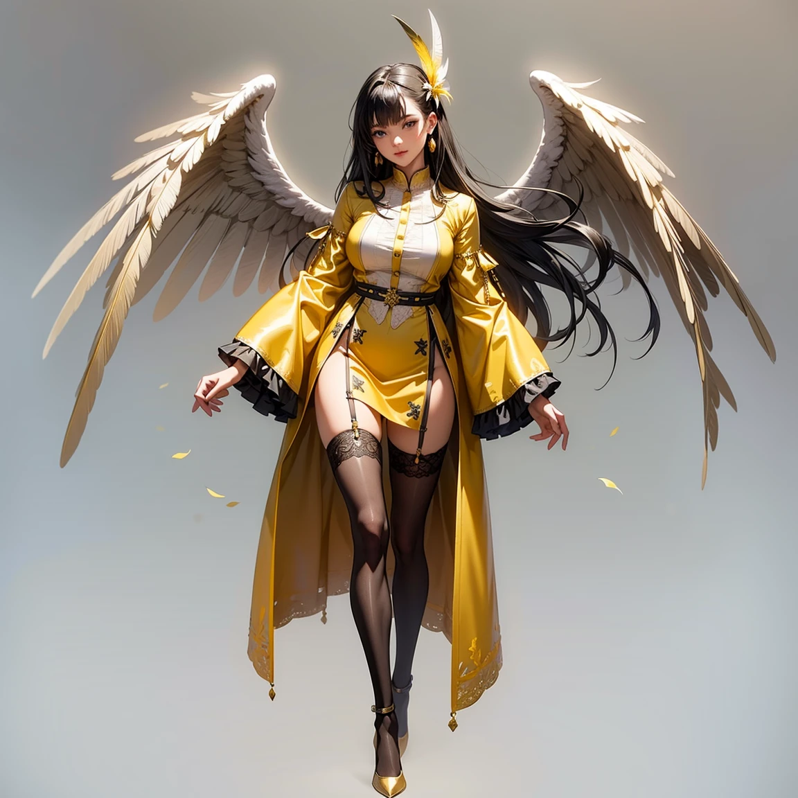 ((BLACK BACKGROUND 1:2, masterpiece)) 1solo female full body MILF BIMBO standing straight symmetrical with two long thighs and two metal sandals, red eyes like rubies, eye focus looking to the viewer, silver white hair, short bob style hair, big knockers breastplate, breastplate, cleavage, tiara royal, long cape up to two feet, yellow bikini (yellow tiger stripes), lustful smirking smiling, smile face (red blushed, red cheeks), pauldrons metal shoulders, gold sleeveless bracelets, separate sleeves, hands on waist hands OR hips, golden bracers, metal handcuffs, leather corset, red loincloth, black leather choker slave collar, shackles bracelets, slave red crest under navel, navel, big belt around waist OR hips, feet together, metal ankle, two long thighs and two metal sandals (Mizuno Akane)(GYARU)(DARK SKIN)