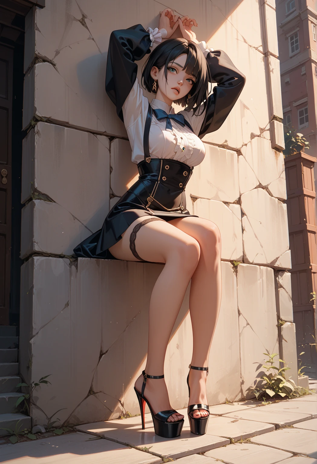 She carries a Japanese sword longer than her height at her waist,Master piece, Best quality, 1girl,at dark night,Japanese maid fashion, black hair, short hair, black eyes,High ground with a view of the city,A large number of shell casings are lying around,put one foot on the fence,Her hair dances in the night wind, ultrahigh resolution,Anime-like body shape,Short skirt,