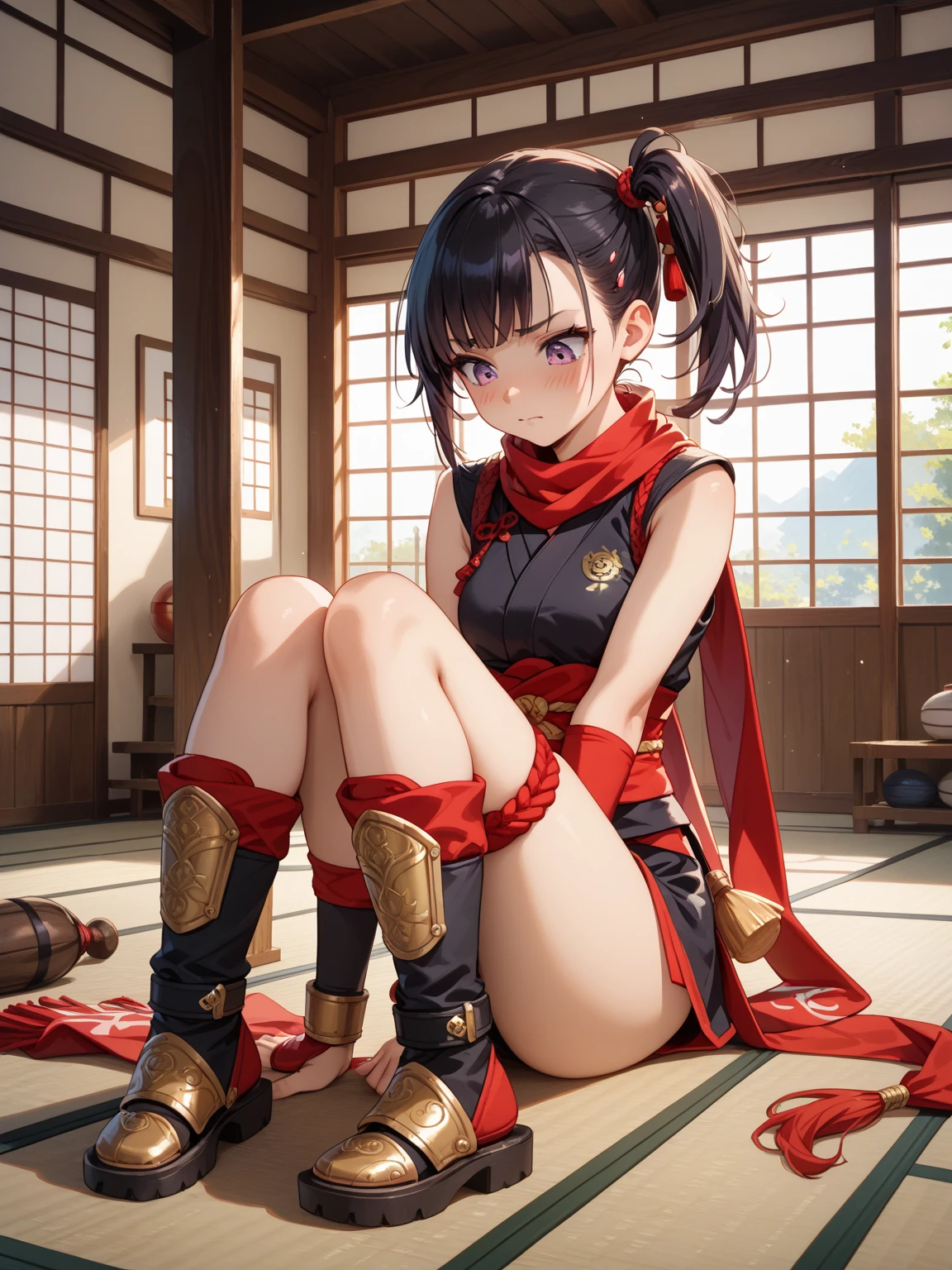 (Masterpiece, High Quality, Top quality, High-Detailed, Detailed CG, Cinematic Shadow, Cinematic Scene, Beautiful Detailed Eyes, Ultra Resolution, Depth of Field, High Resolution, Masterpiece: 1.2), Anime Art style, Very Detailed, Dynamic Angle, Teen Style, Detailed Green Hair, Detailed Blue Eyes, Purple Eye, Slim Body, Sparkling Eyes, Sparkling Detailed Eyes, Hair Accessory, Earrings, Slightly Blunt Bangs, Looking at the Audience, Rope, (Angry Expression:1.2), (Chinese Style Lingeries), (Chinese Lingeries), (Chinese Underwear), (Chinese Flower Pattern on Lingeries), (Anime Girl Tied With Rope), Lingeries, Underwear, Good Composition, Arms Behind, (Leg Being Tied With Rope), (Leg Hanging by Rope), Legs, Spread Leg, Feet, Butt, Thighs, Small Breasts, Small Size Breasts, Spread Legs, Blur Background, Chinese Architectures