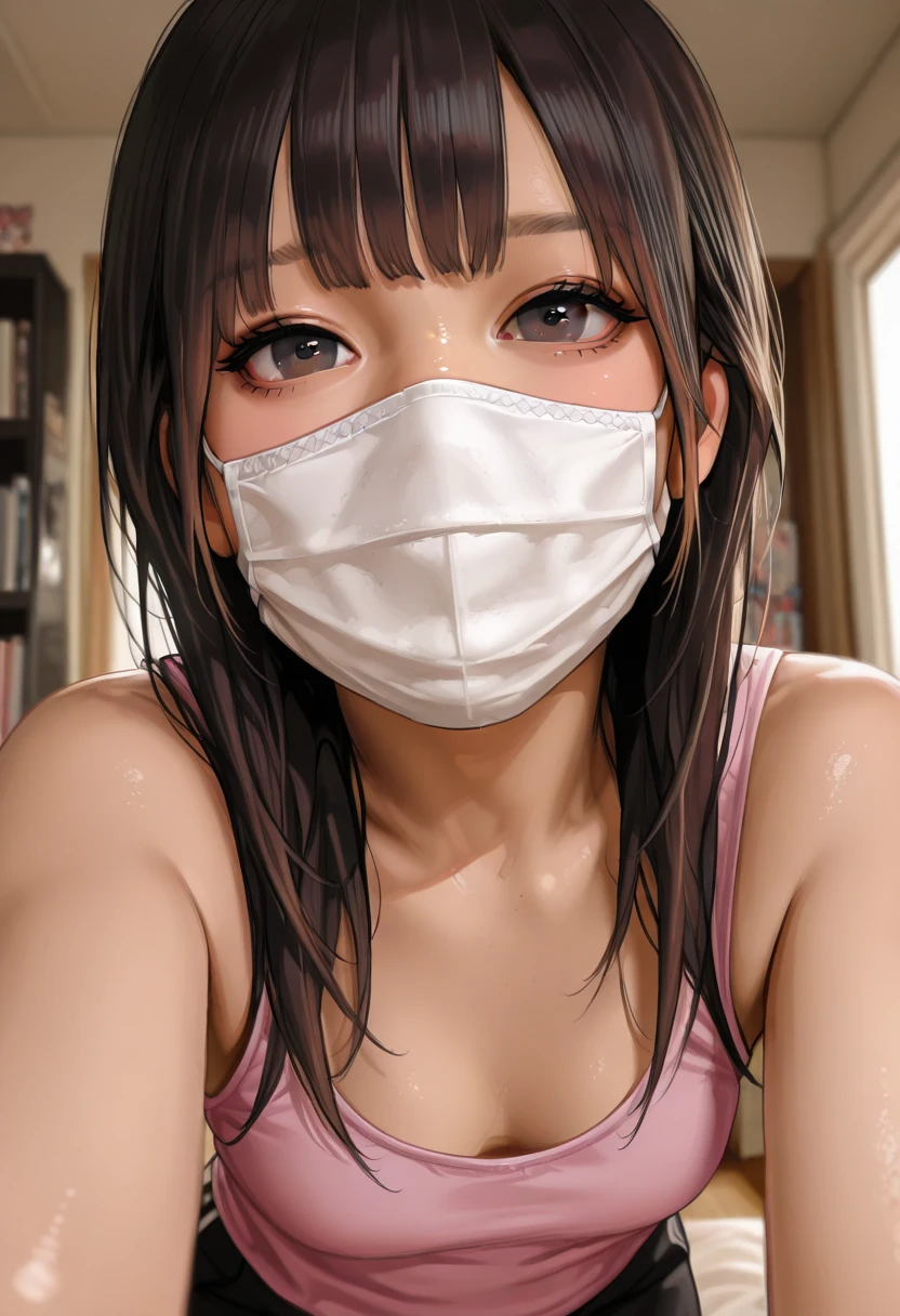 (best quality,4k,highres,masterpiece:1.2),ultra-detailed,(realistic,photorealistic:1.37),portraits,shiny skin,soft skin,white skin,HDR,studio lighting,bokeh,white bikini,gigantic breasts,huge cleavage,Breasts focus,luscious cleavage, messy red hair, surgical mask white mask