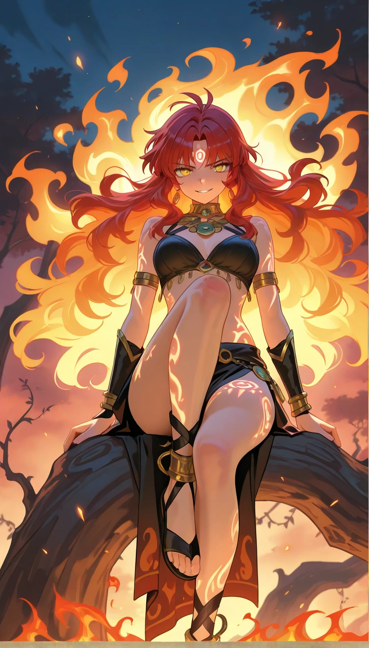 1 girl Big dark-skinned elf, red hair, hot figure, big beauty, delicate and beautiful face, full body portrait, big eyes, beautiful face, big, transparent tulle, sexy and alluring, plump body, hands on chest, perfect body proportions