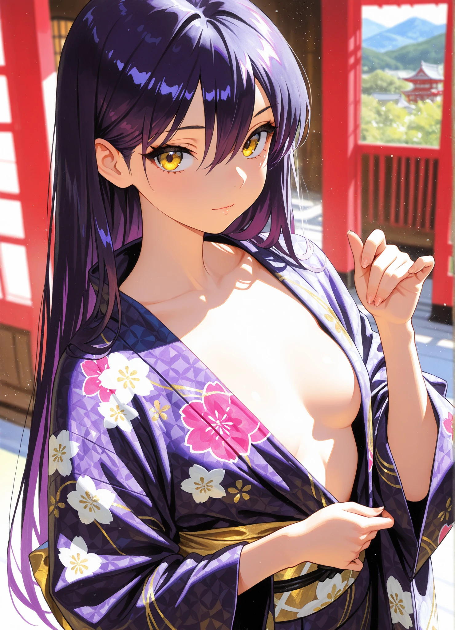 ((NSFW,Nude,female ,masturbation,yukata)),beautiful, masterpiece, Highest quality, Hello, And soul, One Girl, Medium Chest, Portrait Shot, Look at the viewers, Outdoor swimming pool, Wet skin, Intricate details,>,((Covered),Leg spread,masturbation,Embarrassed face,Sweat,Black Hair,ponytail