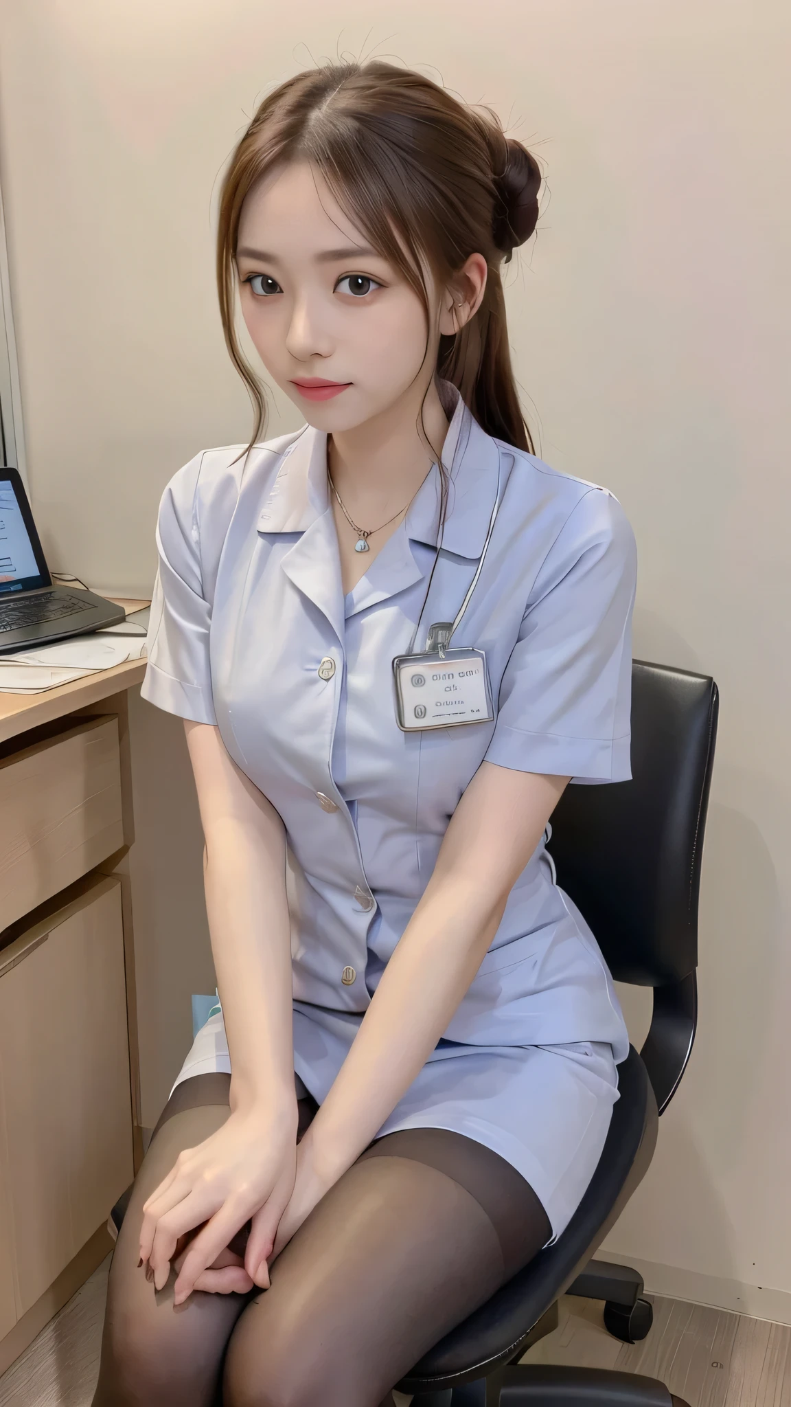 (((masterpiece))), (((top quality: 1.4))), ((Super Detailed: 1.4)) , Woman in Nurse uniform using tablet computer in room, charming beauty、Nurse uniform、super real pantyhose、A hardworking and capable beautiful secretary、work, Under the desk, I can see her legs sitting on a chair、stills from a live-action movie,  Full Device, With the magic tablet, profile pose, [ Realistic Photos ]!!, 真面目なwork, elegant look, Glynn、 feeling of love 、Hospital、  Examination Room、