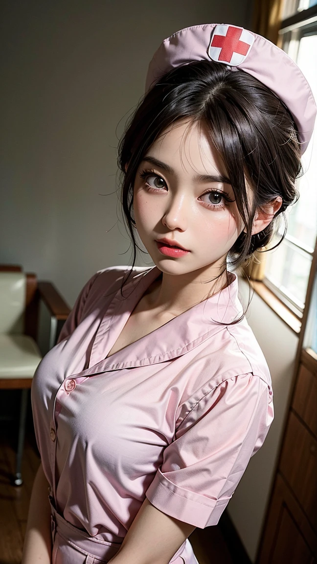 (sleeping on my back:1.3), (anatomically correct fingers:1.3), masterpiece、(professional portrait、professional writing)、Detailed workmanship、high resolution、(8K, High resolution:1.2)、(RAW, photorealistic:1.3)、highest quality, slender body shape、high definition face、Face is in focus、high definition eyes、(Focused, symmetrical pupils:1.2)、High-definition and beautiful skin、firm skin、natural makeup、gross lip, High-definition hair texture、(I'm hiding my chest with my arm:1.3) break (nursing clothes、nurse uniform:1.3) BREAK Japanese women、17 years old、very cute, sexy face, (very embarrassed:1.3), (blush:1.3), (A face that looks like it's about to cry:1.3)、Staring at the camera:1.2、(color々Easy shooting angle:1.3)、medium breast, nsfw, cleavage,