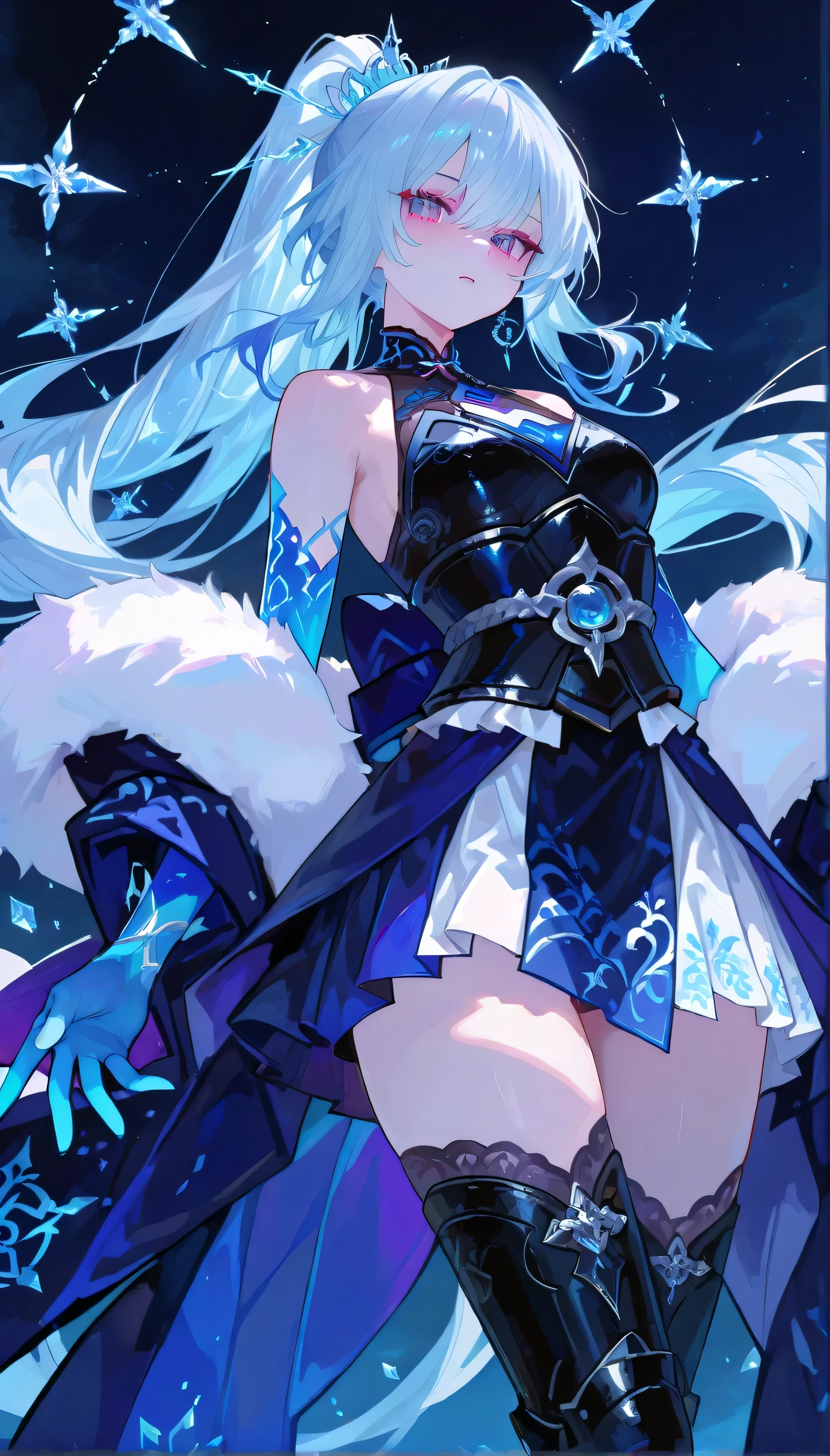 absurdres, highres, ultra detailed, HDR, master piece, best quality, detailed eyes, delicated features, Manhwa Style,A fierce and mysterious anime-style female warrior with long flowing silver-blue hair tied in a high ponytail, with ice crystal ornaments woven into her strands. Her sharp violet eyes glow with intensity, and she wears a sleek, dark battle kimono with midnight blue and silver patterns, resembling frost and night sky. Her outfit blends elegance and lethality, with tight-fitting armor over her chest and arms, a flowing asymmetrical skirt, and thigh-high armored boots.