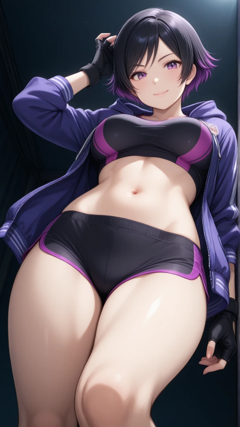 (Very detailed CG Unity 8K 壁紙),(masterpiece), (Highest quality), (Very detailed), (Best illustrations),(Best Shadow), Detailed underwear、Realistic textured underwear、Large Breasts,16 years old,Purple eyes and short purple hair,Cheerleader、Lift your legs、from the front、Angle from below