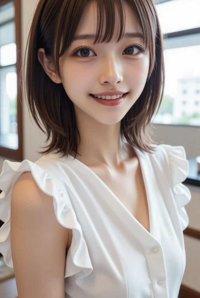 ((masterpiece)), ((Highest quality)), ((Complex)), ((Surreal)), (Realistic), (Mature Woman), ((There are no classes)), Very detailed, (1 female), Beautiful and exquisite, (Beautiful Teeth), Grin, Brunette Bob Hair, Brown eyes, ((blouse)), (Upper Body), (background:none), Perfect Eyes, Captivating eyes, Looking at the audience