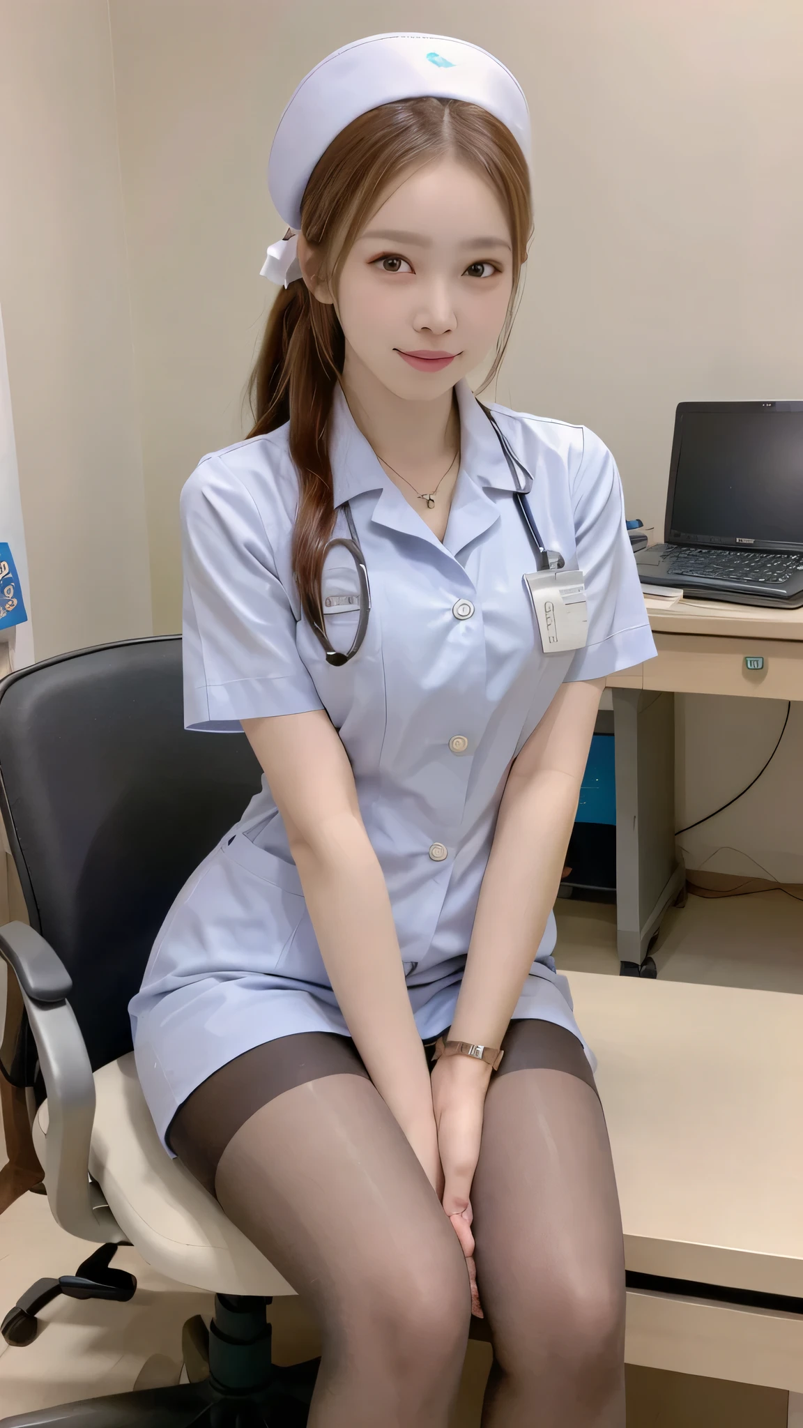 (((masterpiece))), (((top quality: 1.4))), ((Super Detailed: 1.4)) , Woman in Nurse uniform using tablet computer in room, charming beauty、Nurse uniform、super real pantyhose、A hardworking and capable beautiful secretary、work, Under the desk, I can see her legs sitting on a chair、stills from a live-action movie,  Full Device, With the magic tablet, profile pose, [ Realistic Photos ]!!, 真面目なwork, elegant look, Glynn、 feeling of love 、Hospital、  Examination Room、