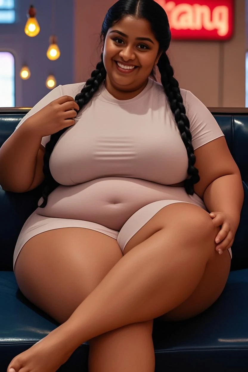 ((high rating:1.3)), 8k, uhd , finely detailed, full color, high quality, (((high rating))), plump African girl with extremely long hair, saggy blubbery blimp body, oily skin, disproportionately big swollen belly sagging down over legs,love handles, outside at the bus stop on an extremely foggy morning holding a chocolate bar, ((wearing white t-shirt and loose jeans, sweating)), blushing, embarrassed, natural beauty, natural makeup, bottom heavy , sweet, innocent, atmospheric, extremely detailed and sweet innocent moon face with exaggerated enormous plump lip, (fat face), no shadows, lounging