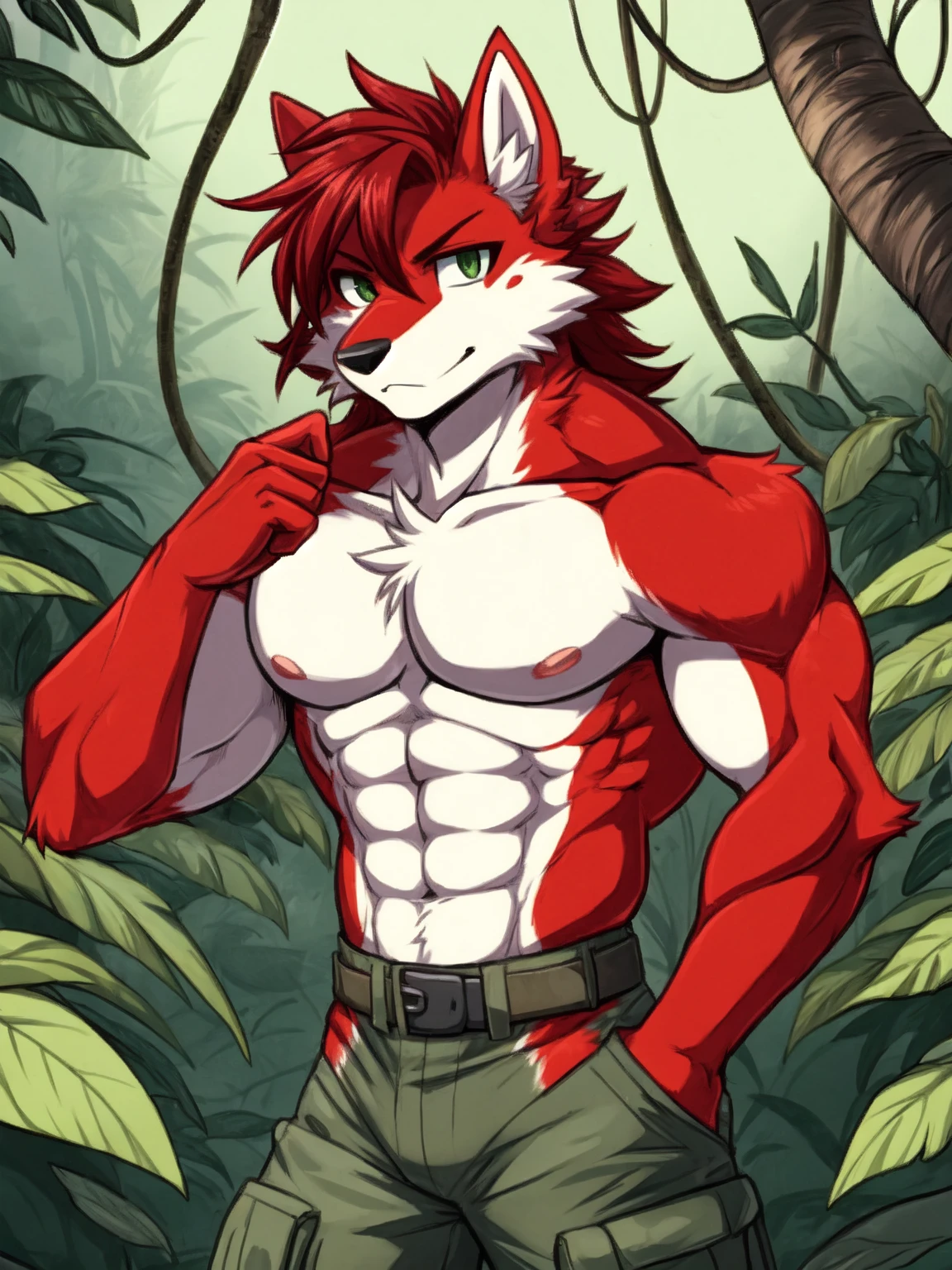 (masterpiece, 4K, ultra detailed), lion furry, masculine, athletic, lean, red hair, short messy haircut, illustration, simple colors, white background, cute, soft smile, elegant, single, red swim trunks, bulge, teen, anime, green eyes