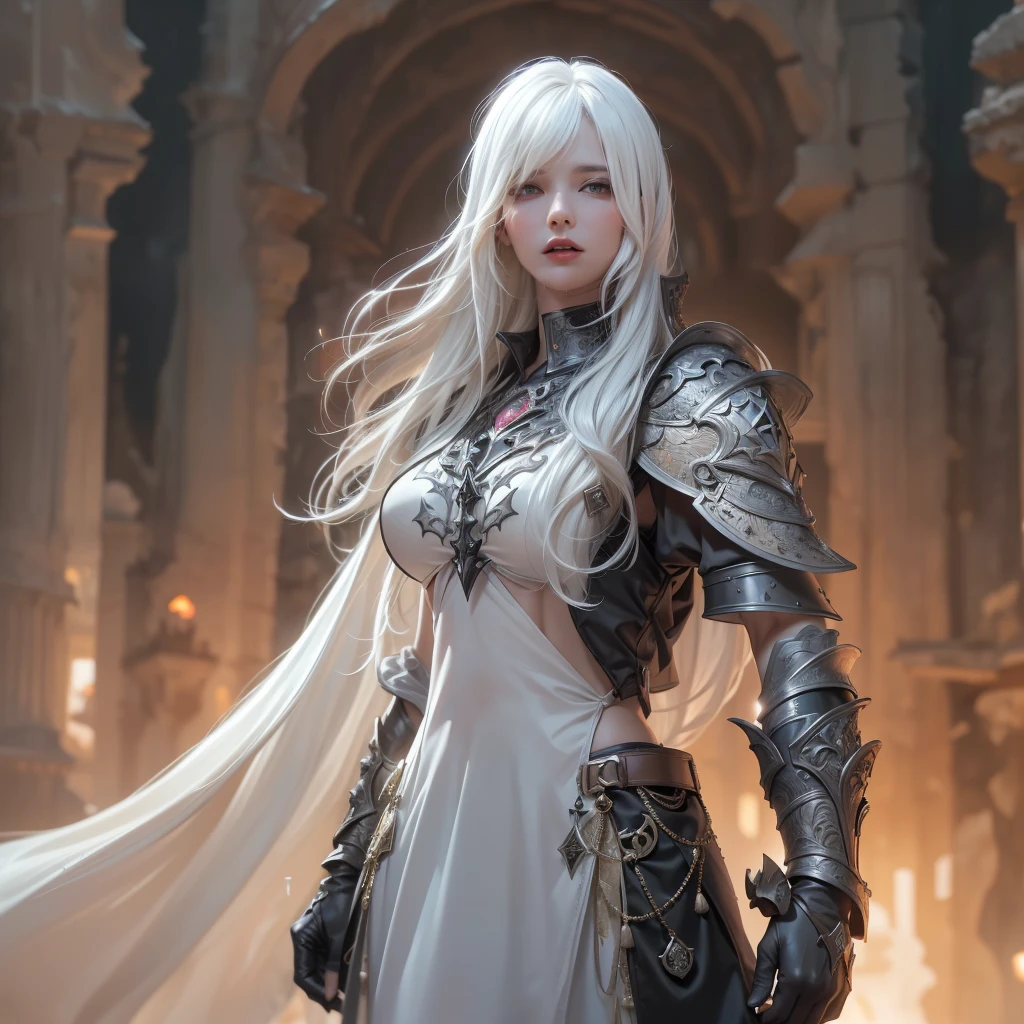 (masterpiece: 1.2, best quality), vampire, (realistic), (ultra detailed), simple armor, Victorian background, castle hall, detailed body, tattoos, photo realism, photography, stage lights, white hair --auto --s2