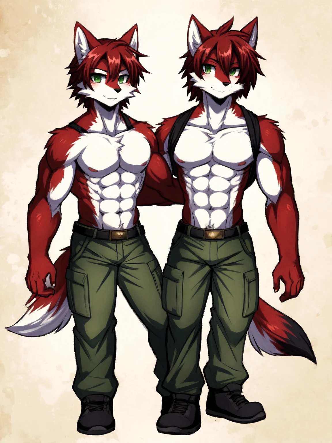 (masterpiece, 4K, ultra detailed), two twin brothers, lion furries, masculine, shirtless, red short hair, white background, handsome, athletic, blush, eight-pack, front view, illustration, red pubic hair, anime teen, blue eyes, red swim trunks
