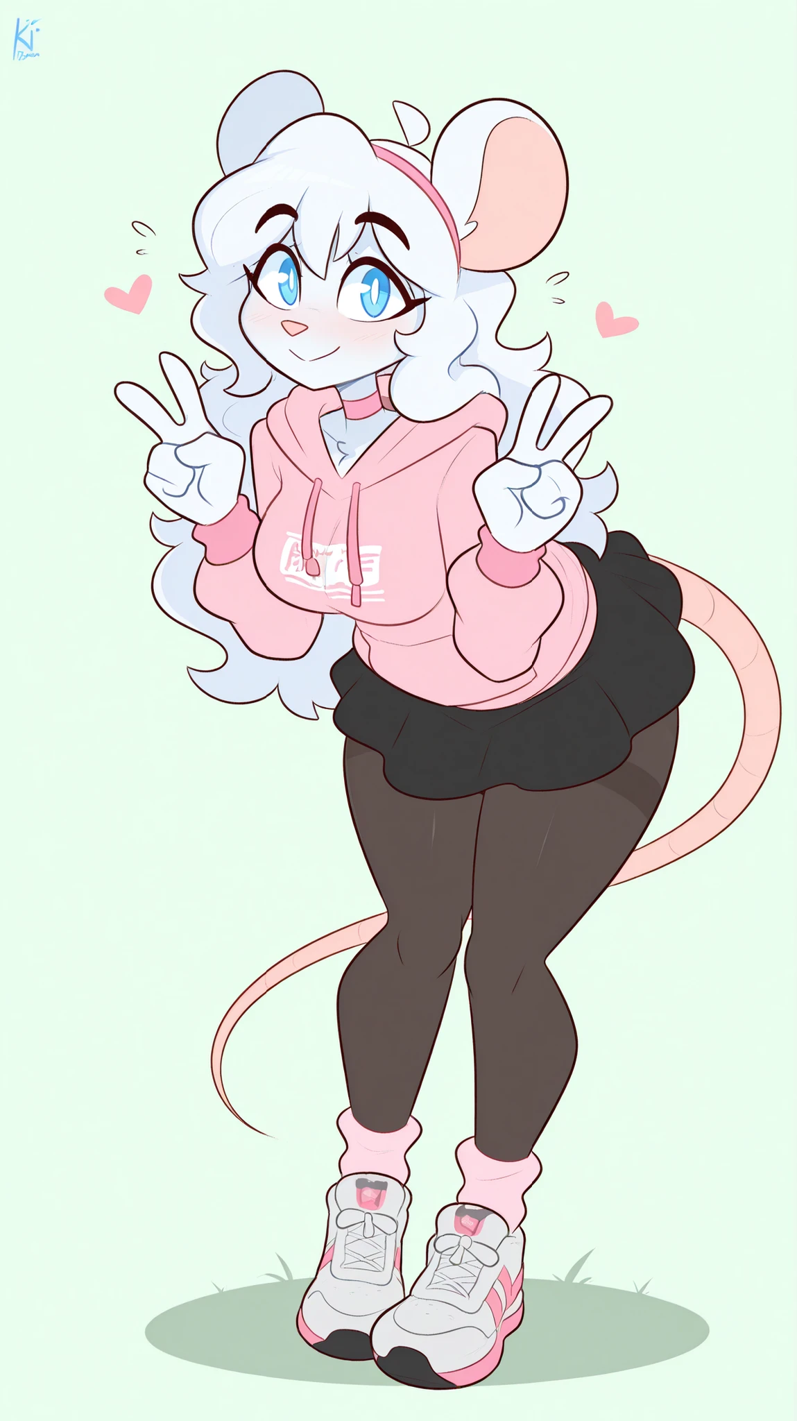 masterpiece, best quality, amazing quality, very aesthetic, high resolution, ultra-detailed, absurdres, newest, scenery, 1girl, rat, white fur, furry female, blue eyes, white hair, wavy hair, long hair, (19-year-old girl), closed mouth, looking at the viewer, shy smile, tail, medium breast, thighs, hips, black pantyhose, black skirt, pink hoodie, pink hairband, female focus, masterpiece, best quality, newest, absurdres, highres, amazing quality, very aesthetic, cute eyes, no lineart, cinematic, solo, pink choker, pink wristband, pink eye shadow, (green background), simple background, plain color background, white sport shoes, full body, pink socks, kilinah, (flat color), (double V sign), bent over