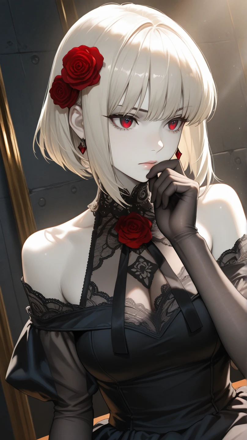 evaroux,  short hair, streaked hair,  scar on face, scar, stitches , purple eyes,  blonde hair,
jewelry, red dress, torn dress,   collarbone, covered nipples, black thighhighs, boots, elbow gloves, choker, 
bar, code vein,  standing,  upper body,  
(insanely detailed, beautiful detailed face, masterpiece, best quality),
 <lora:evaroux:0.7>