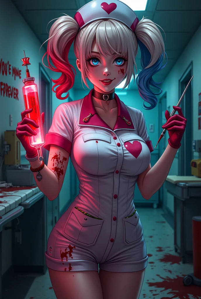 A twisted version of Harley Quinn as a yandere nurse. She wears a blood-stained, white and pink nurse outfit with heart-shaped buttons, her red and blue twin-tails curled neatly. Her face shows a sweet smile, but her wide, glinting eyes reveal a deep obsession. One hand holds a massive syringe filled with glowing red serum, the other a scalpel dripping with blood. Behind her, a dark hospital room with broken equipment and faint heart monitor beeps. On the wall, scribbled in lipstick: “You’re mine forever.” High detail, anime-meets-gothic style, dramatic lighting, eerie yet seductive atmosphere.