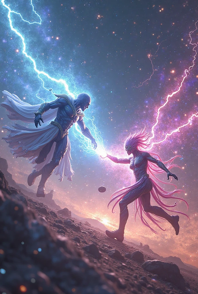 zeus vs cronus, in a battle with tyrants and demons in the universe with bright and colorful galaxies