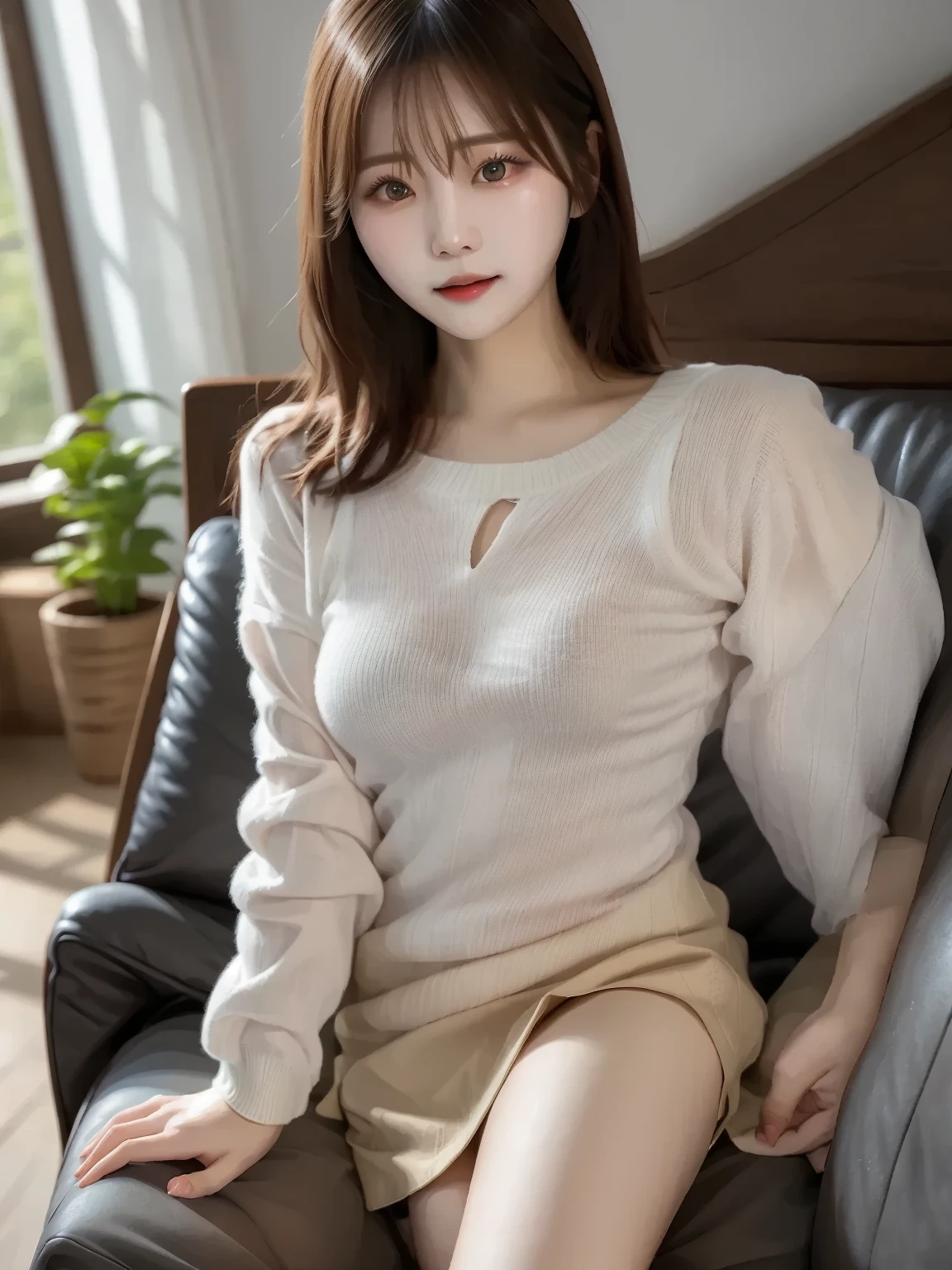 ((best quality, 8K, masterpiece)), ultra detailed, sharp focus, 1 beautiful woman, ((white sheer sweater:1.4)), (huge breasts), (red scarf), ((black tight skirt)), highly detailed face and skin texture, ((detailed eyes)), ((beautiful eyes:1.2)), (smile:1.15), ((three-quarter length))