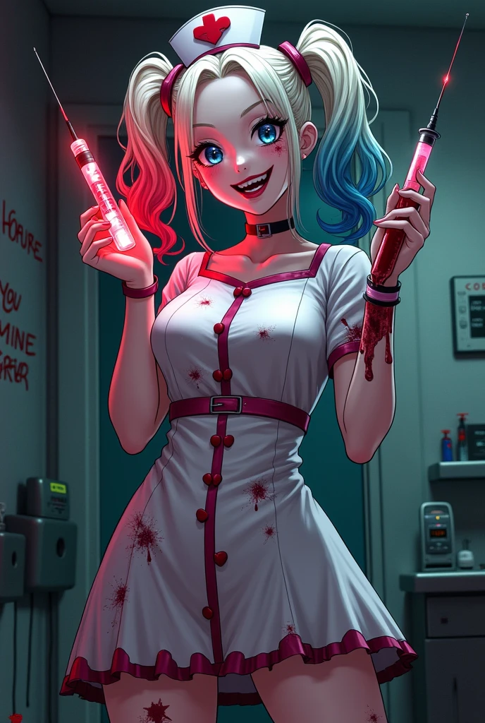 A twisted version of Harley Quinn as a yandere nurse. She wears a blood-stained, white and pink nurse outfit with heart-shaped buttons, her red and blue twin-tails curled neatly. Her face shows a sweet smile, but her wide, glinting eyes reveal a deep obsession. One hand holds a massive syringe filled with glowing red serum, the other a scalpel dripping with blood. Behind her, a dark hospital room with broken equipment and faint heart monitor beeps. On the wall, scribbled in lipstick: “You’re mine forever.” High detail, anime-meets-gothic style, dramatic lighting, eerie yet seductive atmosphere.
