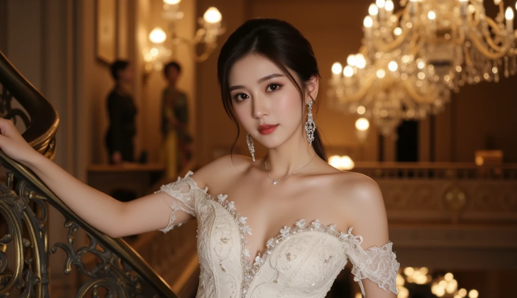 High Quality, 8K, HDR, High Resolution, Bokeh: 1.3, Photography, (RAW Photo: 1.2, Photorealistic: 1.4, Masterpiece: 1.3, Best Quality: 1.3, Ultra High Definition: 1.2), Perfect Anatomy, Beautiful Breasts, Tiara, Earrings, Necklace, (Robe Décolleté), (((Smile)), High Detail Skin, Beautiful Skin, (Hair Up)), Night Ballroom