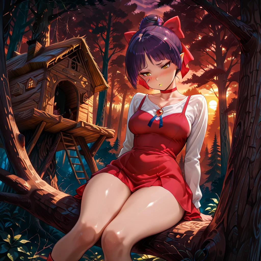 masterpiece, best quality, illustration, 
(treehouse, wooden hut on a tree, small cabin in the forest, built on branches:1.3), mystical forest, old wood, mossy roof, fantasy setting, elevated house, traditional japanese style, 1girl, solo, nekomusume, short hair, purple hair, single hair bun, hair bow, red bow, yellow eyes, pointy ears, red choker,  , nekonedef, collarbone, long sleeves, white shirt, brooch, short dress, pinafore dress, red dress, high heels, red footwear, thigh-highs, sitting, knees together, (head tilt), ,  sulking, half closedeyes, blush, (dutch angle:0.8), outdoors, evening, Sunset, complex art, 
SmoothNoob_Quality, masterpiece, best quality, amazing quality, very aesthetic, ultra-detailed