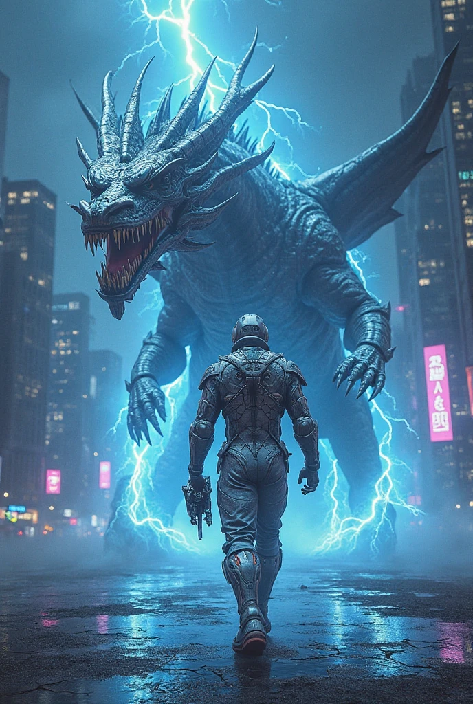 In a holographic arena, YuGiUh players call their monsters to do battle, one player strikes a dramatic pose as he calls out a Blue Eyes White Dragon! cyberpunk Tokyo, wildly over dramatic