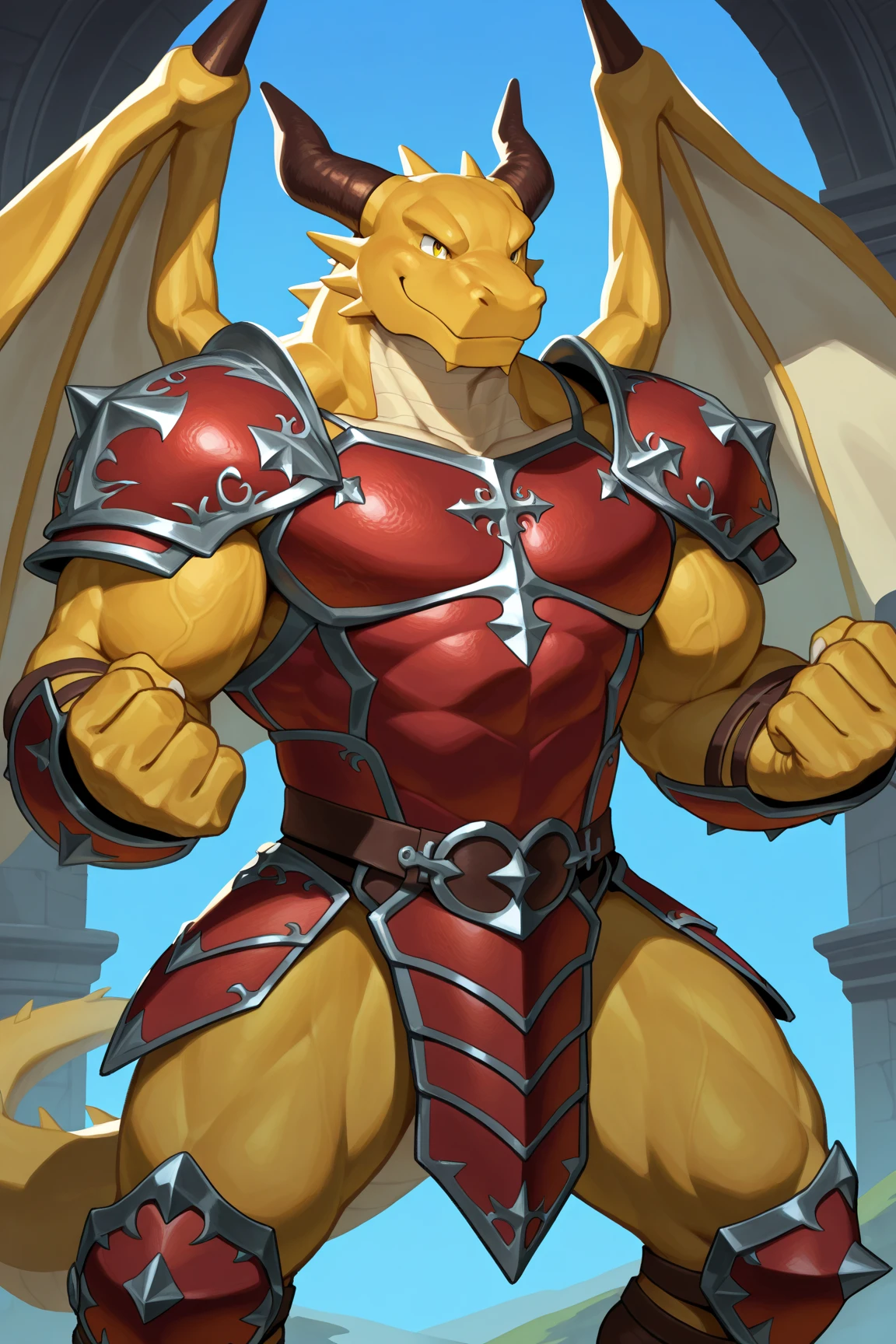 Spyro, badass, NSFW, Anthropomorphic Dragon, adult, masculine, defined muscles, shows off arms, the wings spread behind him, Gold armor on shoulders and forearms, golden irises in the eyes. heroic, on a tower, evening, distant fires, bulge in loincloth, Thick testicles slightly visible under loincloth, a red scarf thrown over the shoulders, golden skin, golden scales